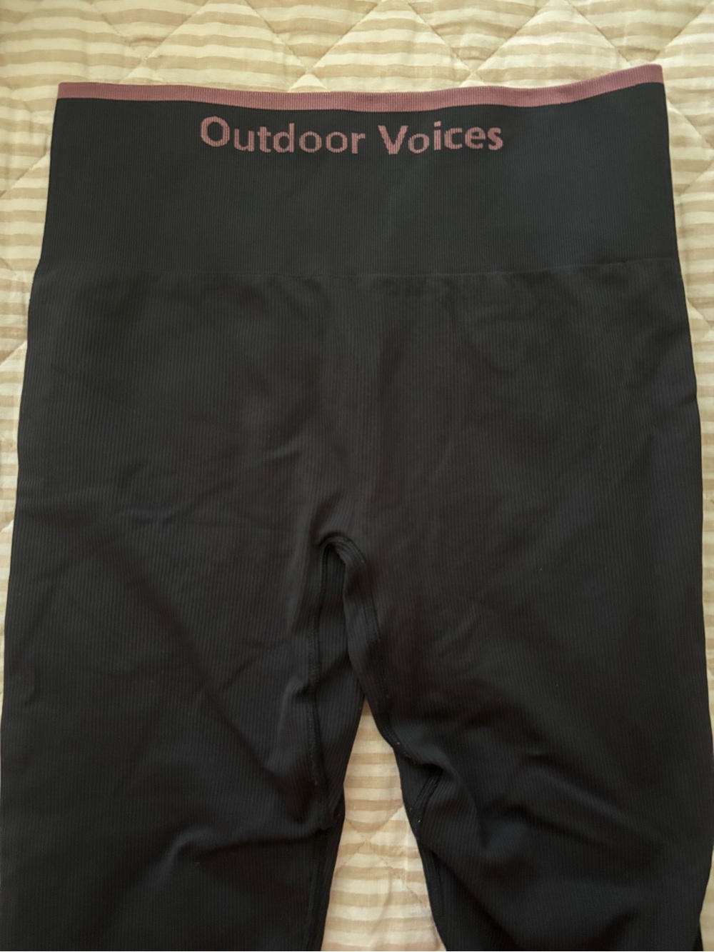 Outdoor Voices Black Leggings with Mauve Trim and Logo